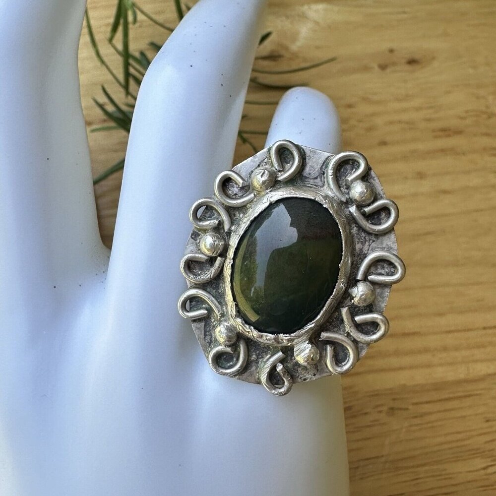 VTG Artisan Ring Size 5.5 Green Red Bloodstone Agate Southwest 925 Sterling 9.9g